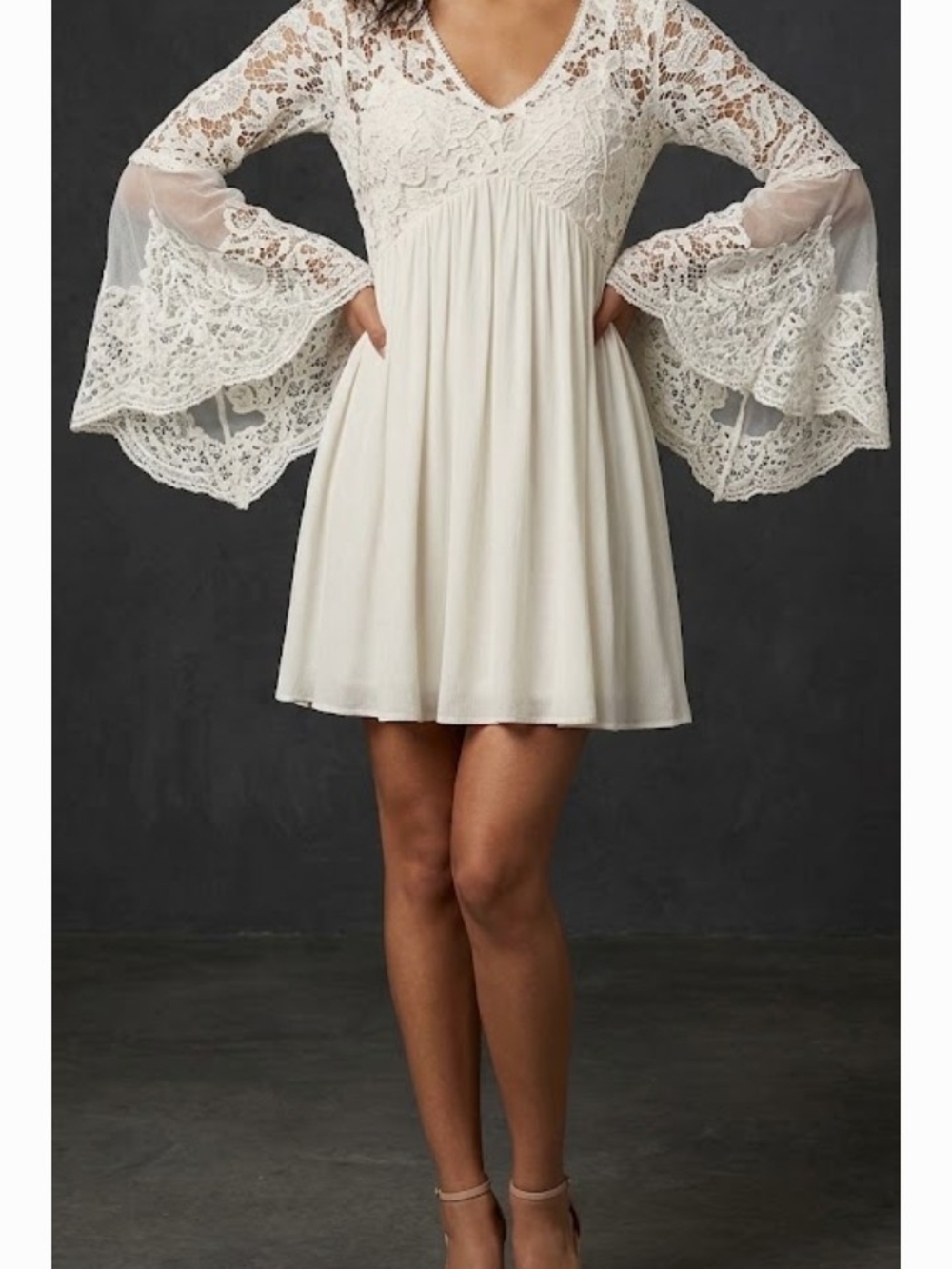 Lace Bell-Sleeve Mini Dress in Cream